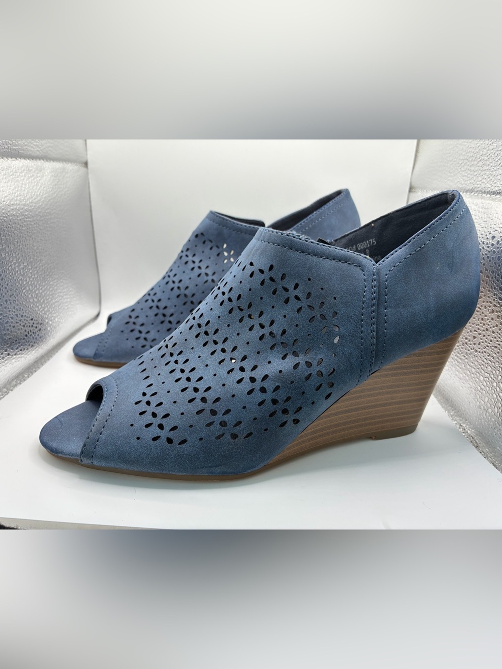 Journee Collection Britny Blue Perforated Peep Toe Wedge Booties Womens 7.5